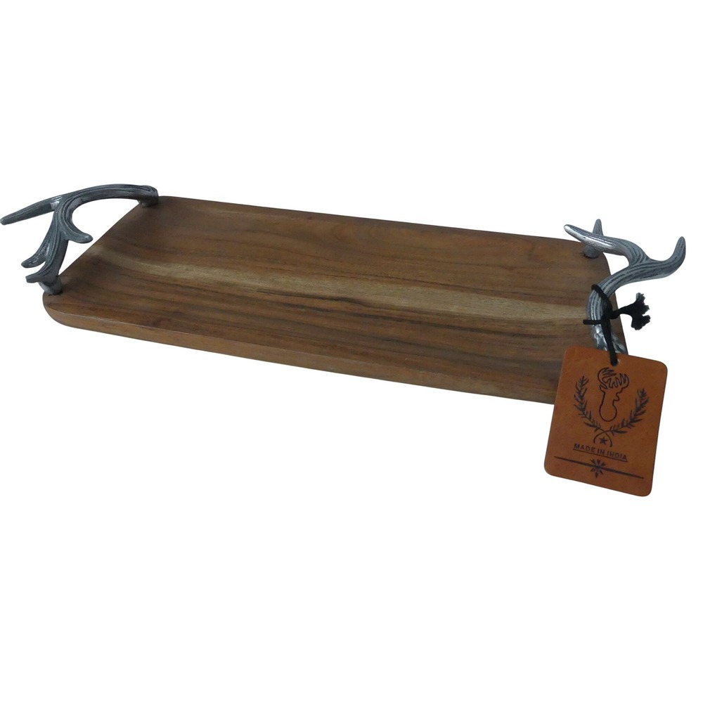 Wooden Serving Tray Pewter Antler Handles Rustic Lodge Charcuterie Board 14 Inch